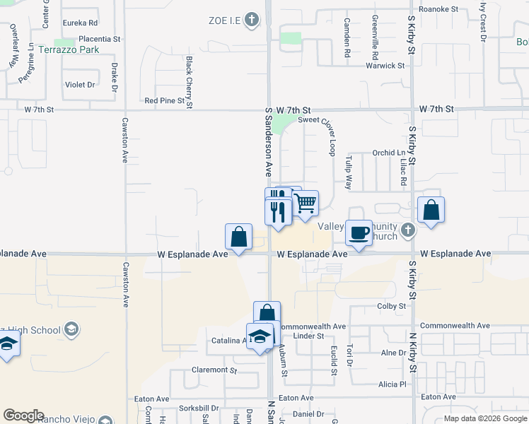 map of restaurants, bars, coffee shops, grocery stores, and more near 13860-20276 South Sanderson Avenue in San Jacinto