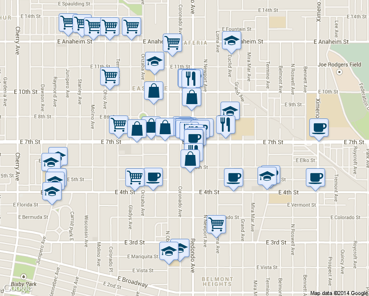 map of restaurants, bars, coffee shops, grocery stores, and more near 678 Coronado Avenue in Long Beach