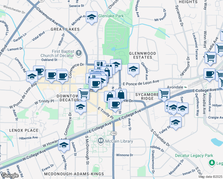 map of restaurants, bars, coffee shops, grocery stores, and more near 305 East Ponce de Leon Avenue in Decatur