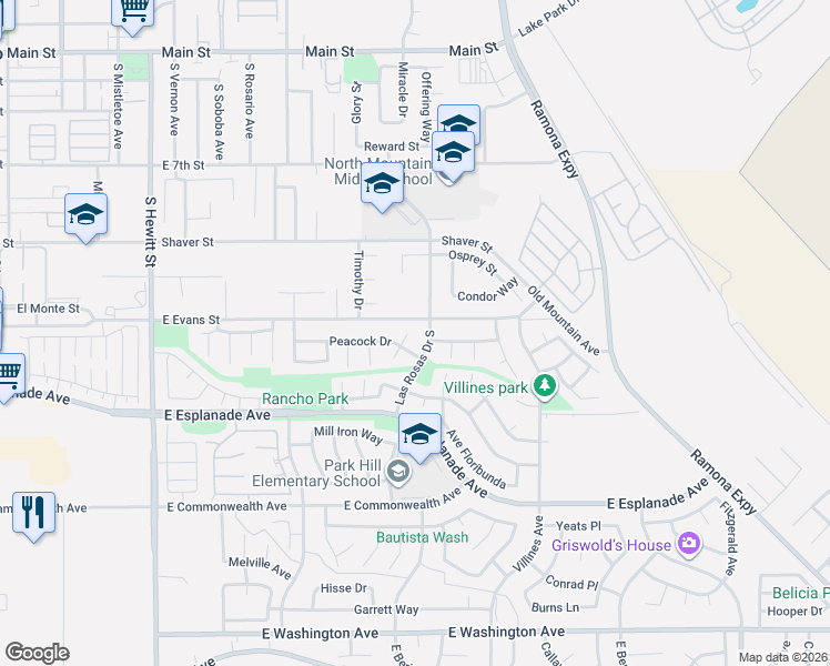 map of restaurants, bars, coffee shops, grocery stores, and more near 1131 East Evans Street in San Jacinto