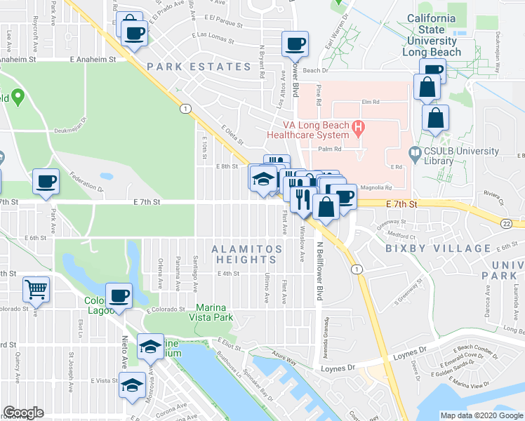 map of restaurants, bars, coffee shops, grocery stores, and more near 677 Ultimo Avenue in Long Beach