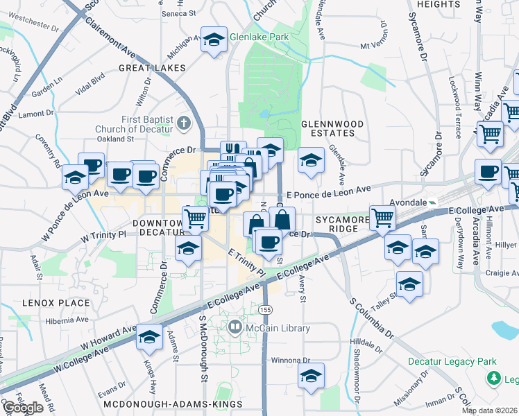 map of restaurants, bars, coffee shops, grocery stores, and more near 246 Sycamore Street in Decatur