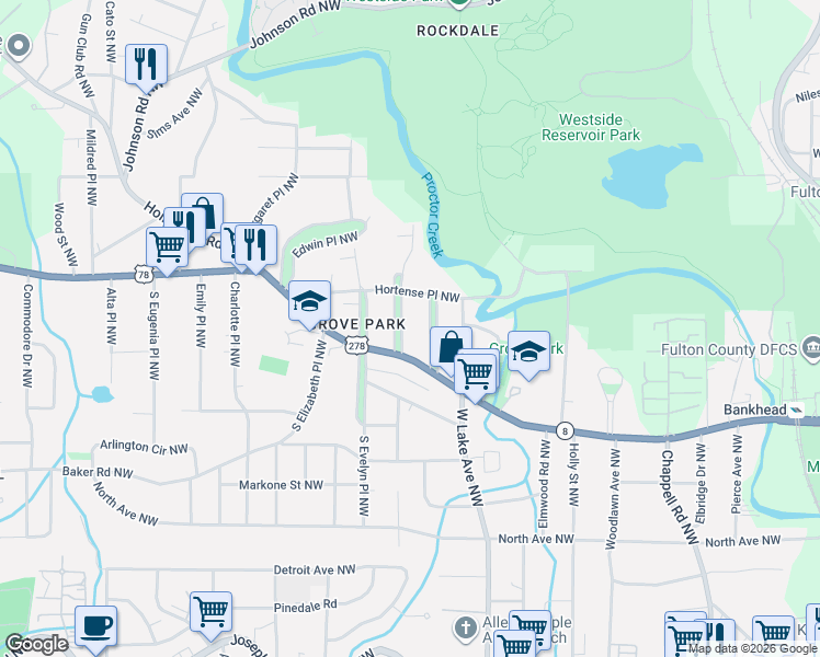 map of restaurants, bars, coffee shops, grocery stores, and more near 21 Gertrude Place Northwest in Atlanta