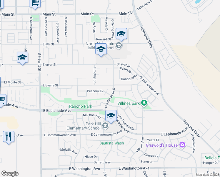 map of restaurants, bars, coffee shops, grocery stores, and more near 1243 Janessa Ct in San Jacinto