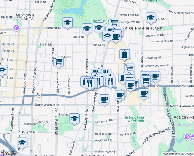 map of restaurants, bars, coffee shops, grocery stores, and more near 746 Monroe Drive Northeast in Atlanta
