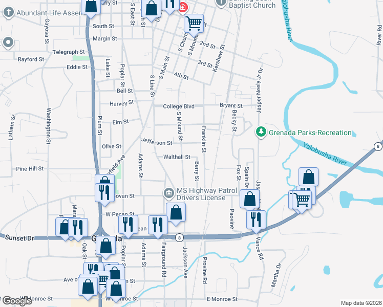 map of restaurants, bars, coffee shops, grocery stores, and more near 329 Jefferson Street in Grenada