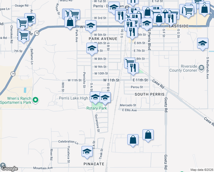 map of restaurants, bars, coffee shops, grocery stores, and more near 308 Faith Circle in Perris