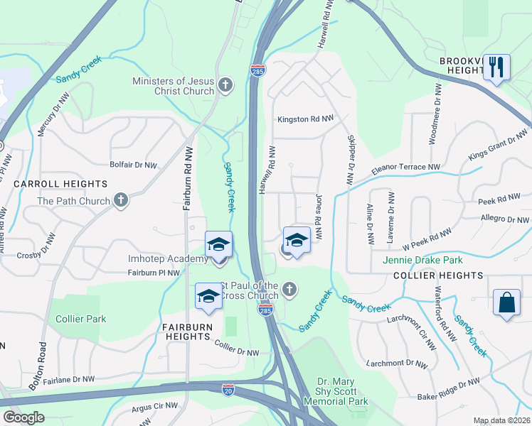 map of restaurants, bars, coffee shops, grocery stores, and more near 2009 Jones Road Northwest in Atlanta