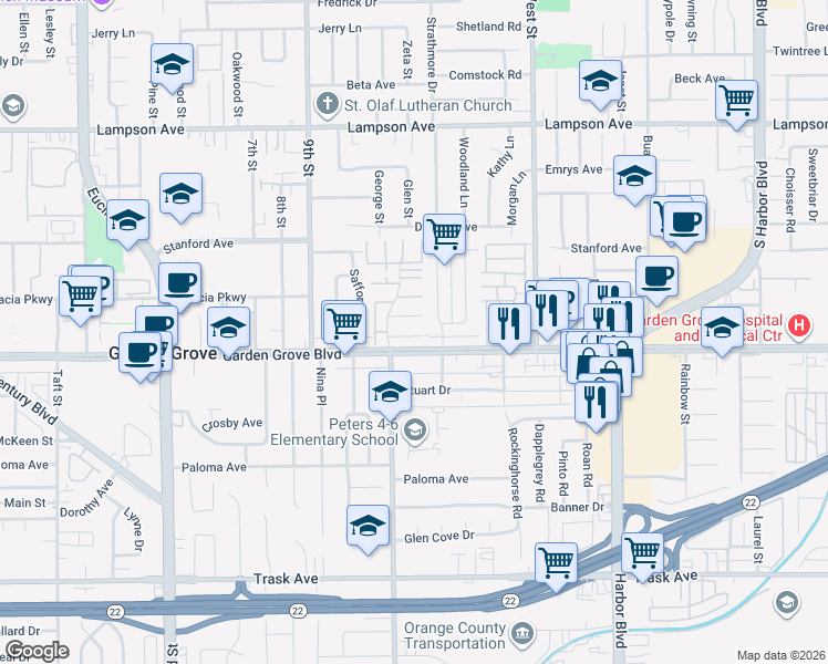 map of restaurants, bars, coffee shops, grocery stores, and more near 12970 Newhope Street in Garden Grove