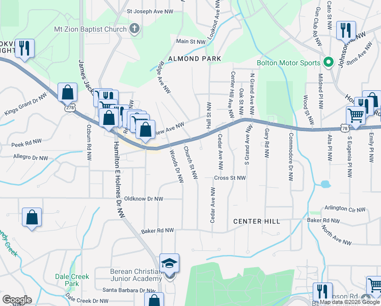 map of restaurants, bars, coffee shops, grocery stores, and more near 731 Church Street Northwest in Atlanta
