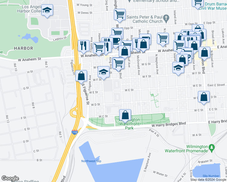 map of restaurants, bars, coffee shops, grocery stores, and more near 1229 West E Street in Los Angeles