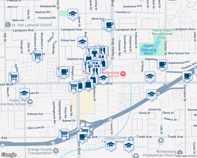 map of restaurants, bars, coffee shops, grocery stores, and more near 12392 El Rey Place in Garden Grove