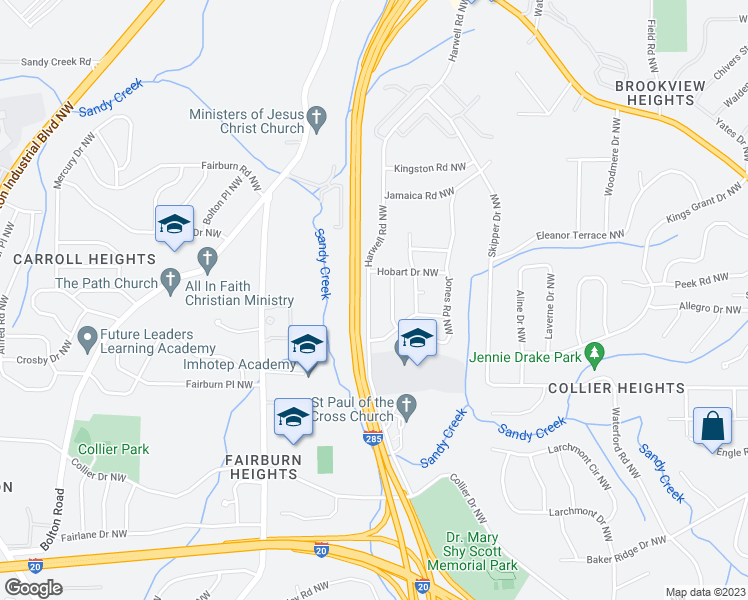 map of restaurants, bars, coffee shops, grocery stores, and more near 723 Harwell Road Northwest in Atlanta