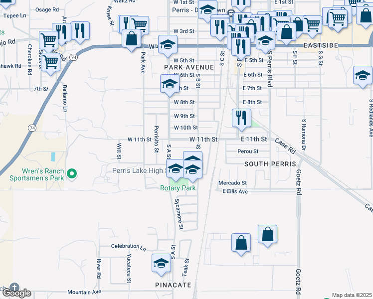 map of restaurants, bars, coffee shops, grocery stores, and more near 340 Faith Circle in Perris
