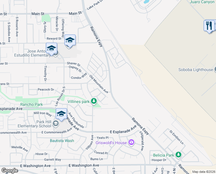 map of restaurants, bars, coffee shops, grocery stores, and more near 1547 Old Mountain Avenue in San Jacinto