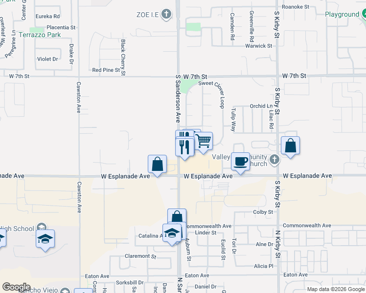 map of restaurants, bars, coffee shops, grocery stores, and more near 769 Sweet Clover Loop in San Jacinto