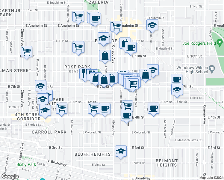 map of restaurants, bars, coffee shops, grocery stores, and more near 679 Obispo Avenue in Long Beach