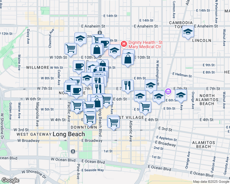 map of restaurants, bars, coffee shops, grocery stores, and more near 640 Elm Avenue in Long Beach