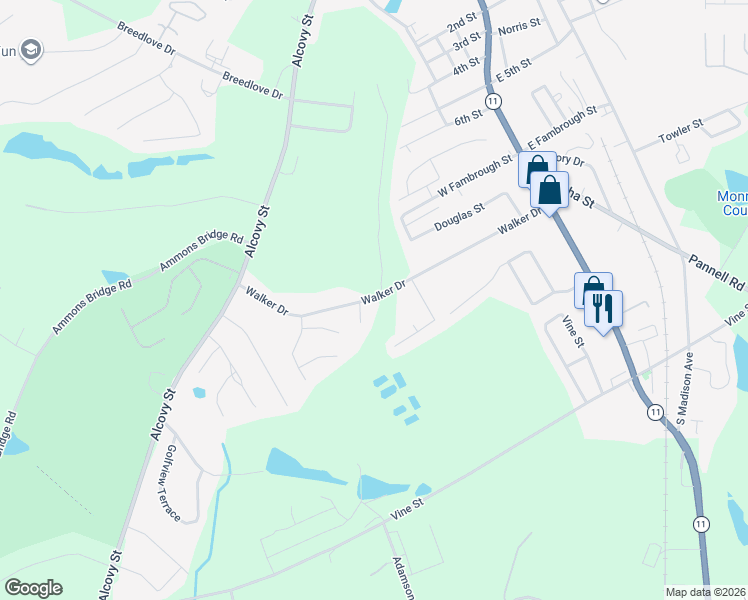 map of restaurants, bars, coffee shops, grocery stores, and more near 369 Walker Drive in Monroe