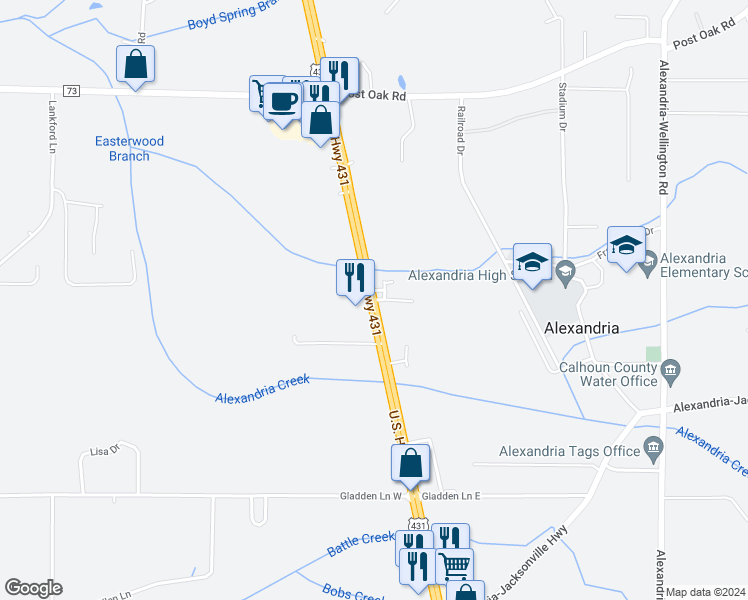 map of restaurants, bars, coffee shops, grocery stores, and more near U.S. Highway 431 in Alexandria
