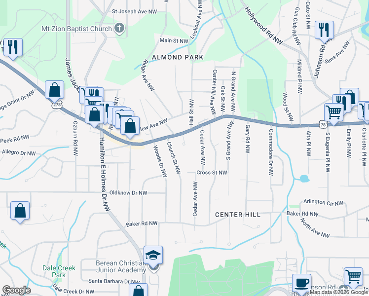 map of restaurants, bars, coffee shops, grocery stores, and more near 736 Prince Place Northwest in Atlanta