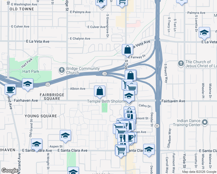 map of restaurants, bars, coffee shops, grocery stores, and more near 1429 East Albion Lane in Orange