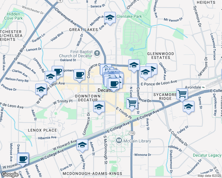 map of restaurants, bars, coffee shops, grocery stores, and more near 119 East Ponce de Leon Avenue in Decatur