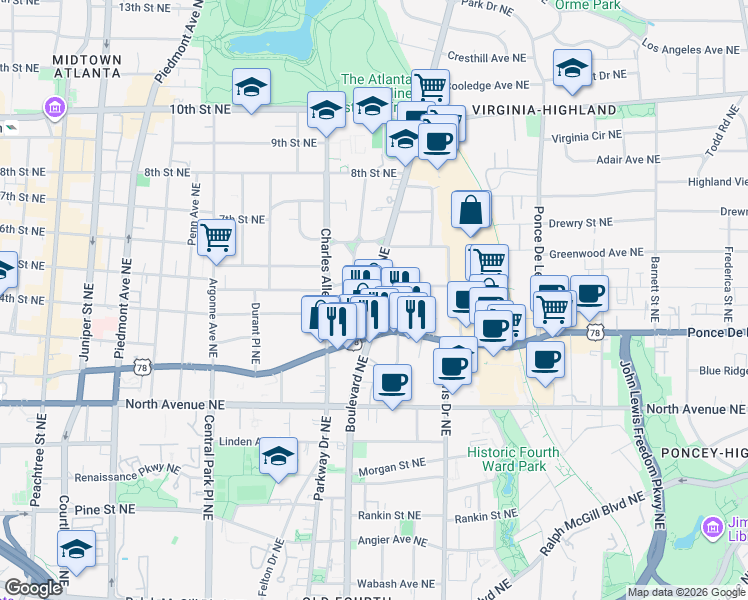 map of restaurants, bars, coffee shops, grocery stores, and more near 742 Monroe Drive Northeast in Atlanta
