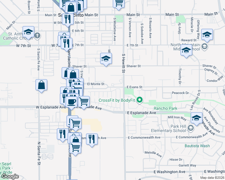 map of restaurants, bars, coffee shops, grocery stores, and more near in San Jacinto
