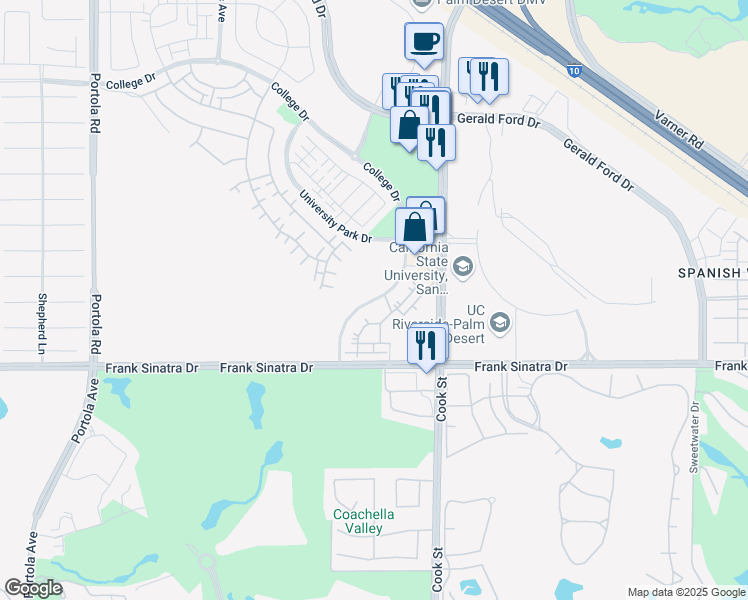 map of restaurants, bars, coffee shops, grocery stores, and more near College Drive in Palm Desert