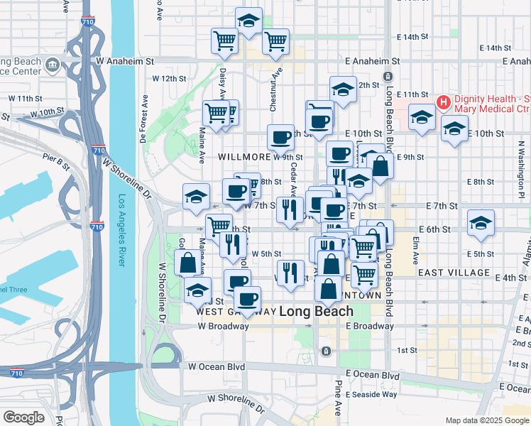 map of restaurants, bars, coffee shops, grocery stores, and more near 645 Chestnut Avenue in Long Beach