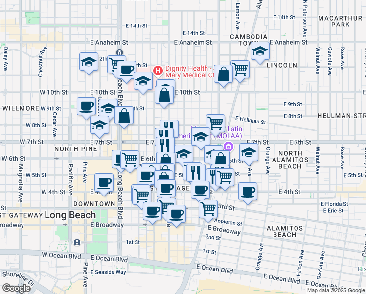 map of restaurants, bars, coffee shops, grocery stores, and more near 635 1/2 Lime Avenue in Long Beach