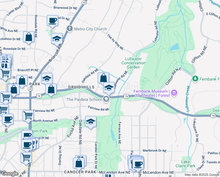 map of restaurants, bars, coffee shops, grocery stores, and more near 19 Lullwater Pl NE in Atlanta