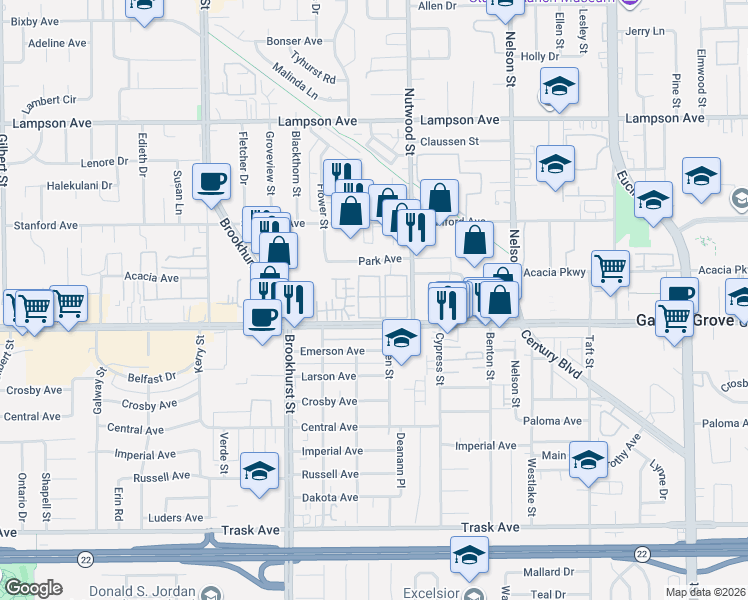 map of restaurants, bars, coffee shops, grocery stores, and more near 10361 Garden Grove Boulevard in Garden Grove