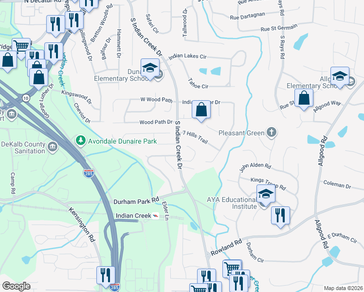 map of restaurants, bars, coffee shops, grocery stores, and more near 4063 Creek Station Lane in Stone Mountain