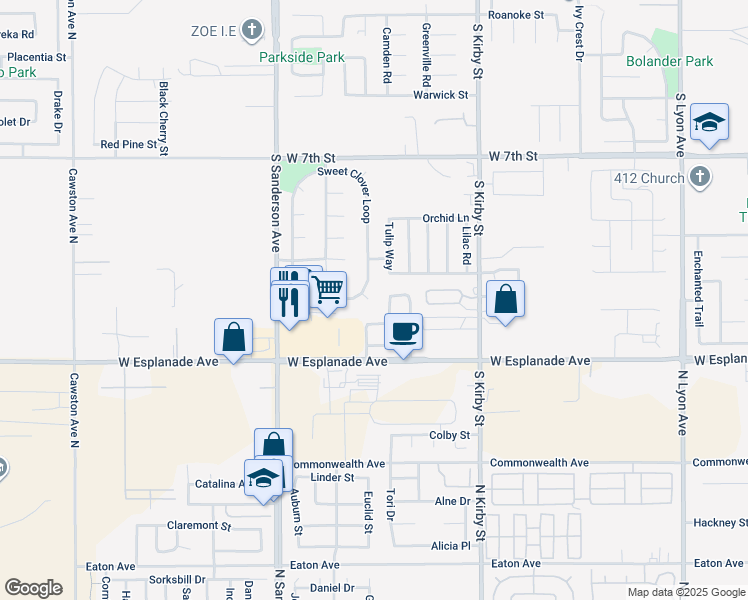 map of restaurants, bars, coffee shops, grocery stores, and more near 2103 Possum Court in San Jacinto