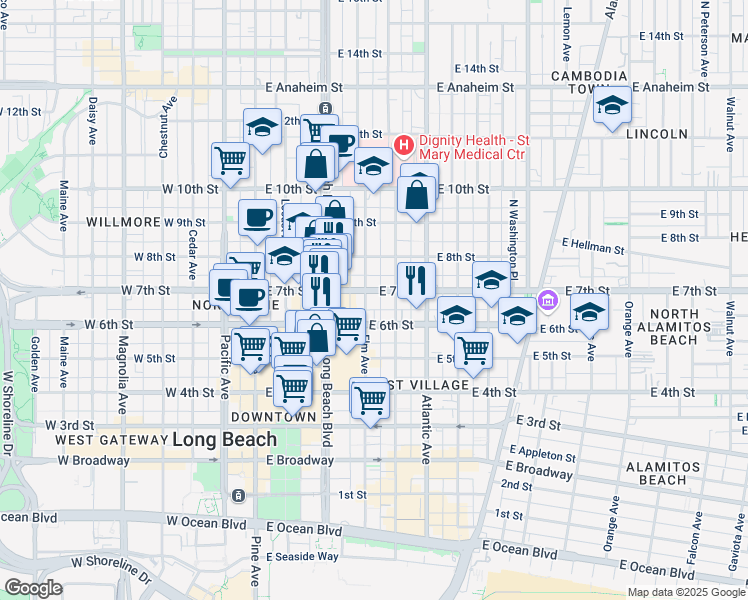 map of restaurants, bars, coffee shops, grocery stores, and more near 640 Elm Avenue in Long Beach