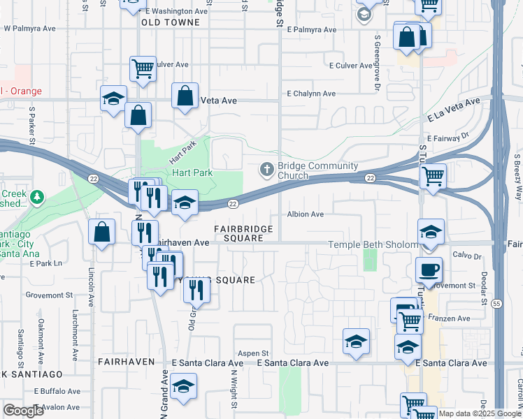 map of restaurants, bars, coffee shops, grocery stores, and more near 2733 Concord Street in Santa Ana
