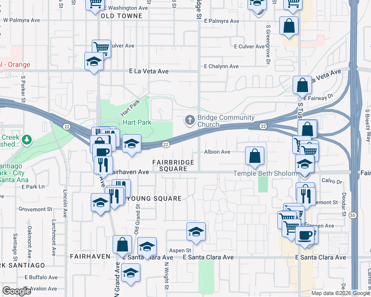 map of restaurants, bars, coffee shops, grocery stores, and more near 2733 Concord Street in Santa Ana
