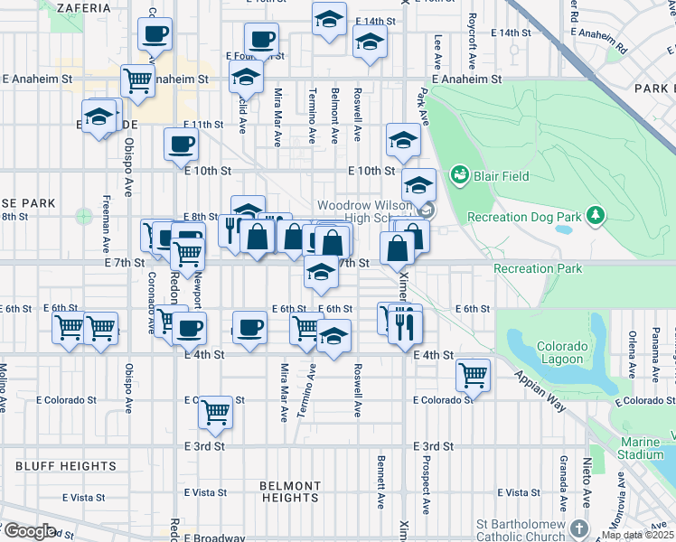 map of restaurants, bars, coffee shops, grocery stores, and more near 4107 East 7th Street in Long Beach