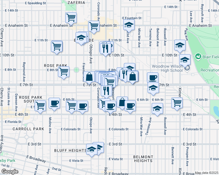 map of restaurants, bars, coffee shops, grocery stores, and more near 3404 East 7th Street in Long Beach