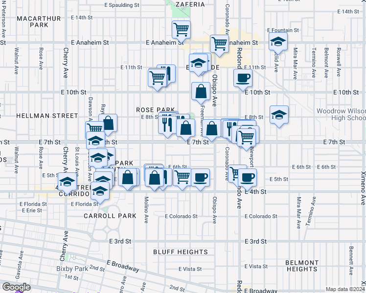 map of restaurants, bars, coffee shops, grocery stores, and more near 2847 East 7th Street in Long Beach