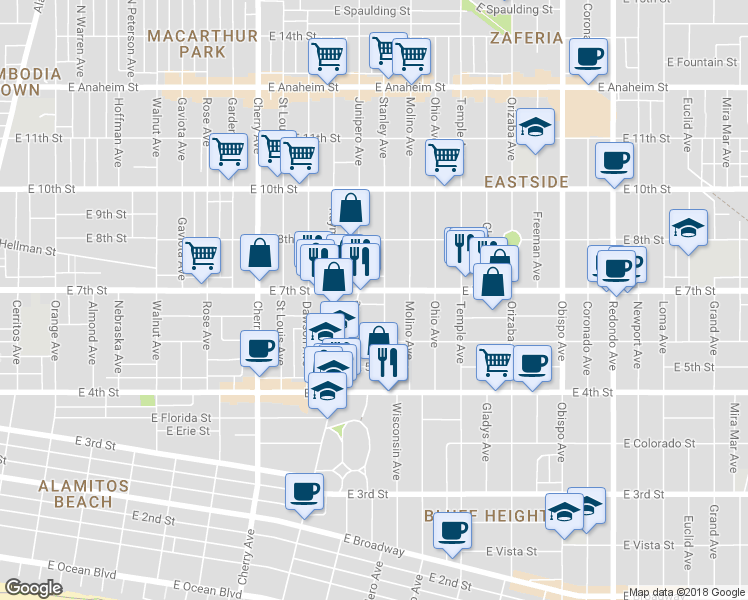 map of restaurants, bars, coffee shops, grocery stores, and more near 2441 East 7th Street in Long Beach