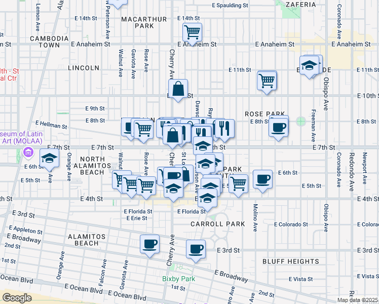 map of restaurants, bars, coffee shops, grocery stores, and more near 2212 East 7th Street in Long Beach