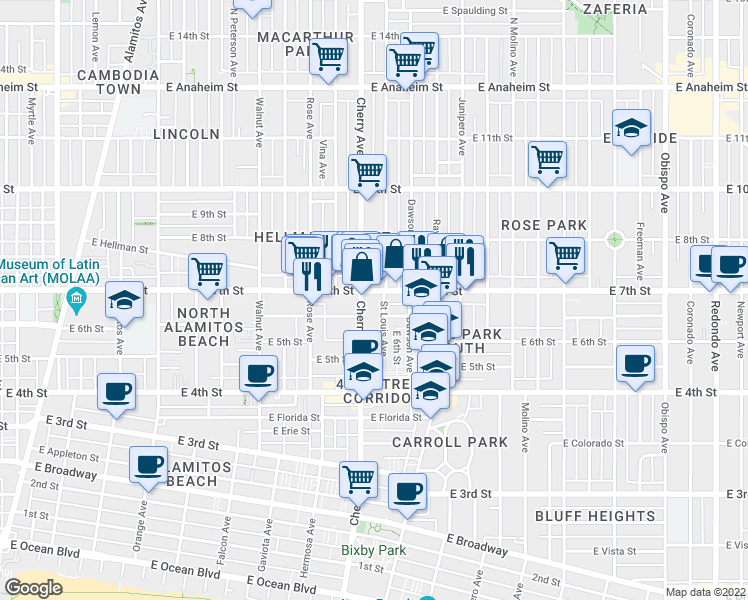 map of restaurants, bars, coffee shops, grocery stores, and more near in Long Beach