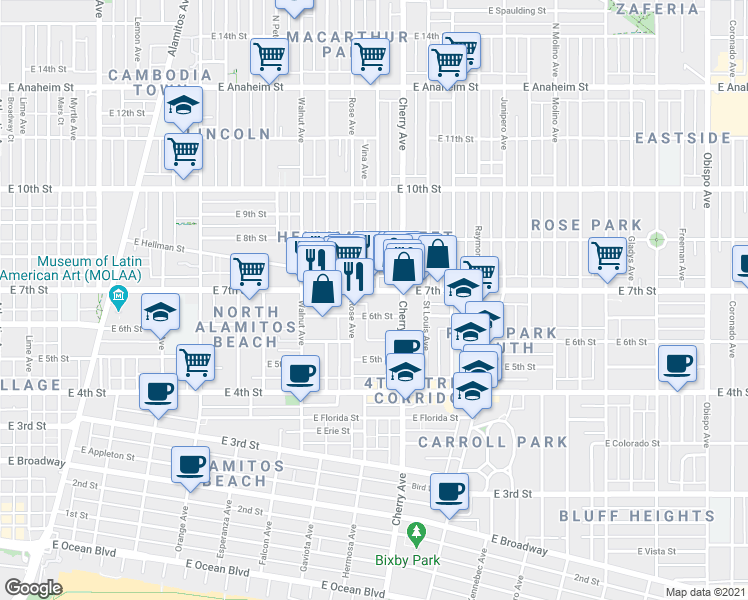 map of restaurants, bars, coffee shops, grocery stores, and more near 1905 East 7th Street in Long Beach