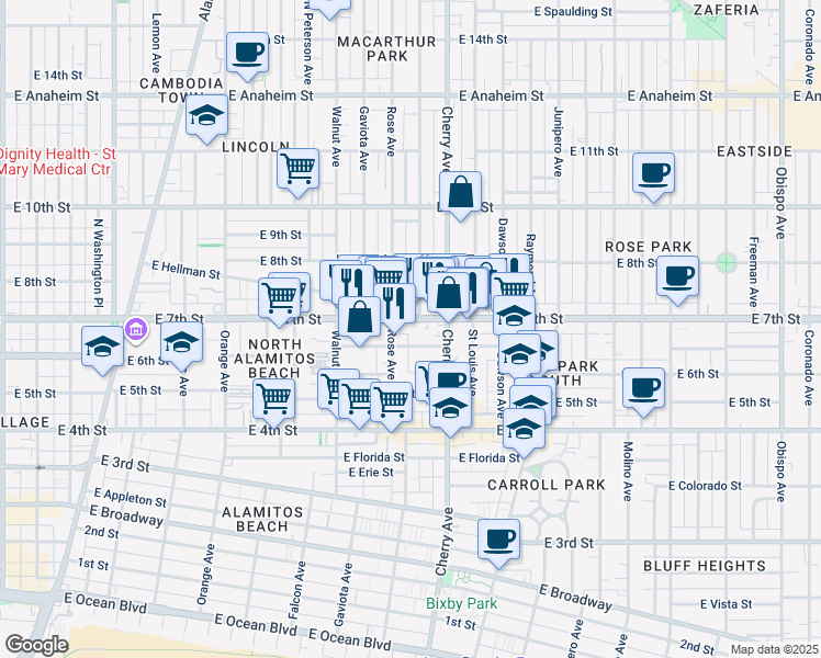 map of restaurants, bars, coffee shops, grocery stores, and more near 1905 East 7th Street in Long Beach