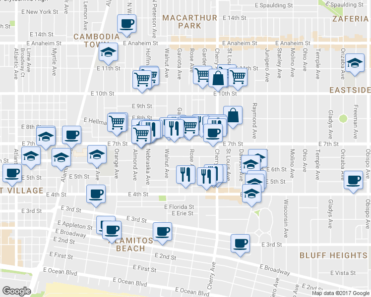 map of restaurants, bars, coffee shops, grocery stores, and more near 1739 East 7th Street in Long Beach