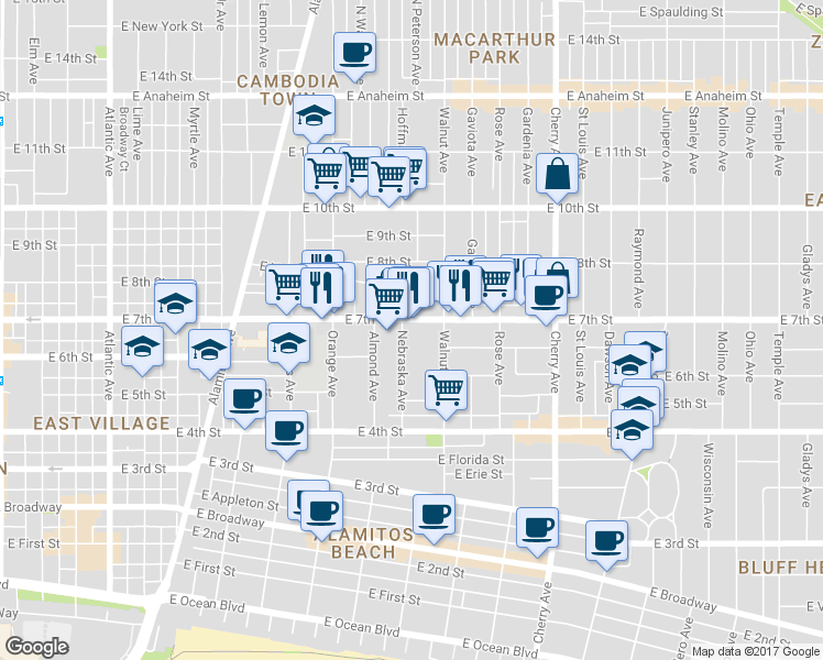 map of restaurants, bars, coffee shops, grocery stores, and more near in Long Beach