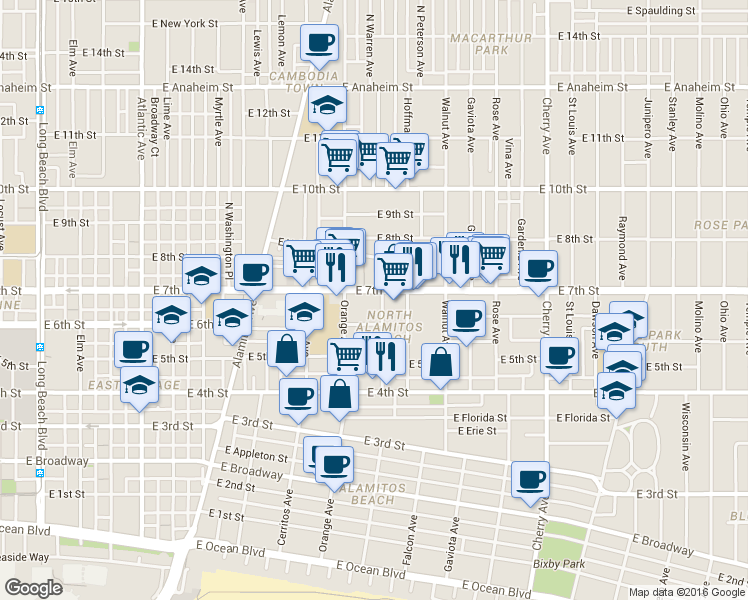 map of restaurants, bars, coffee shops, grocery stores, and more near 1339 East 7th Street in Long Beach